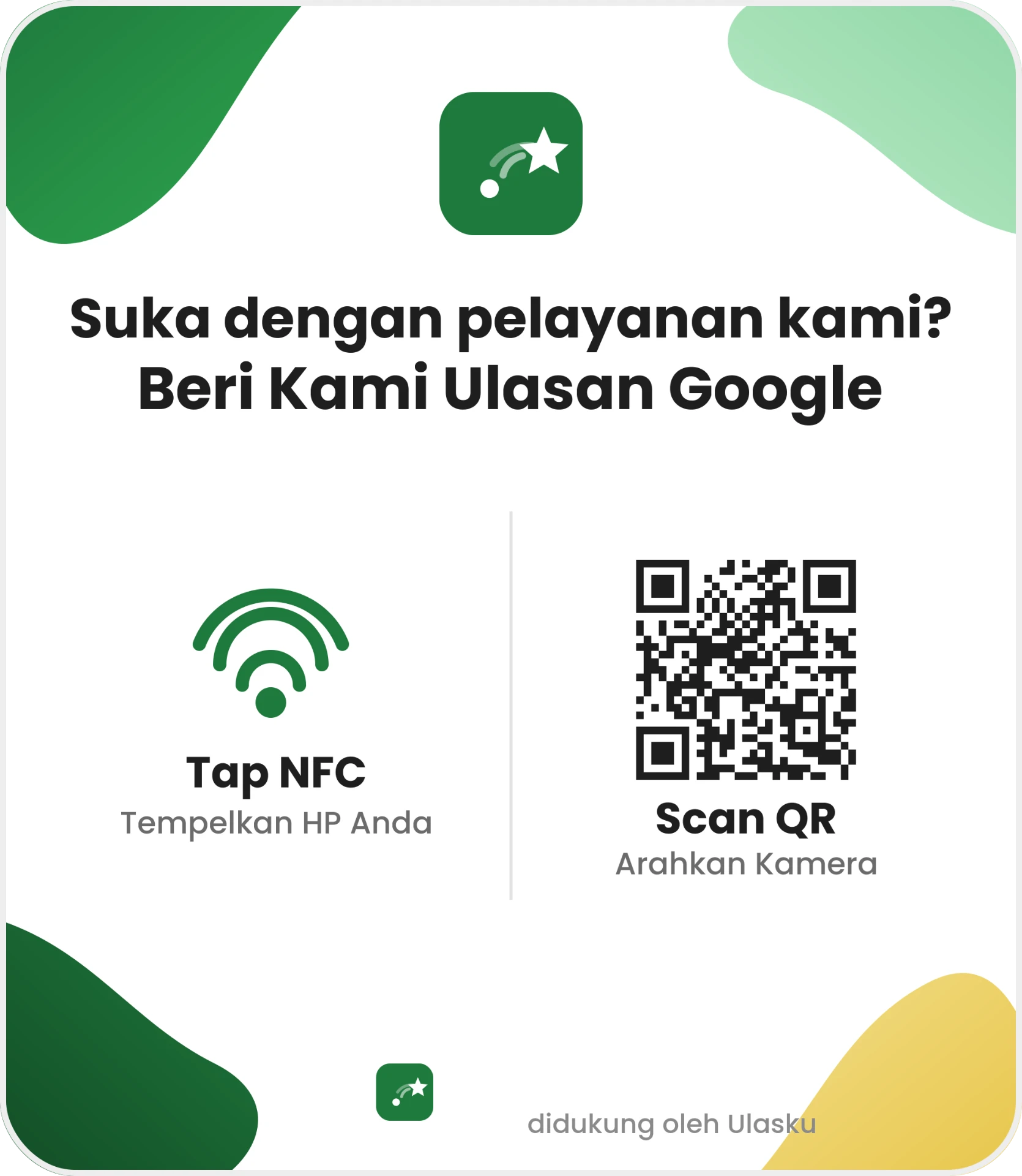 Kartu Ulasku NFC & QR Code untuk ulasan Google: 'Suka dengan pelayanan kami? Beri Kami Ulasan Google'